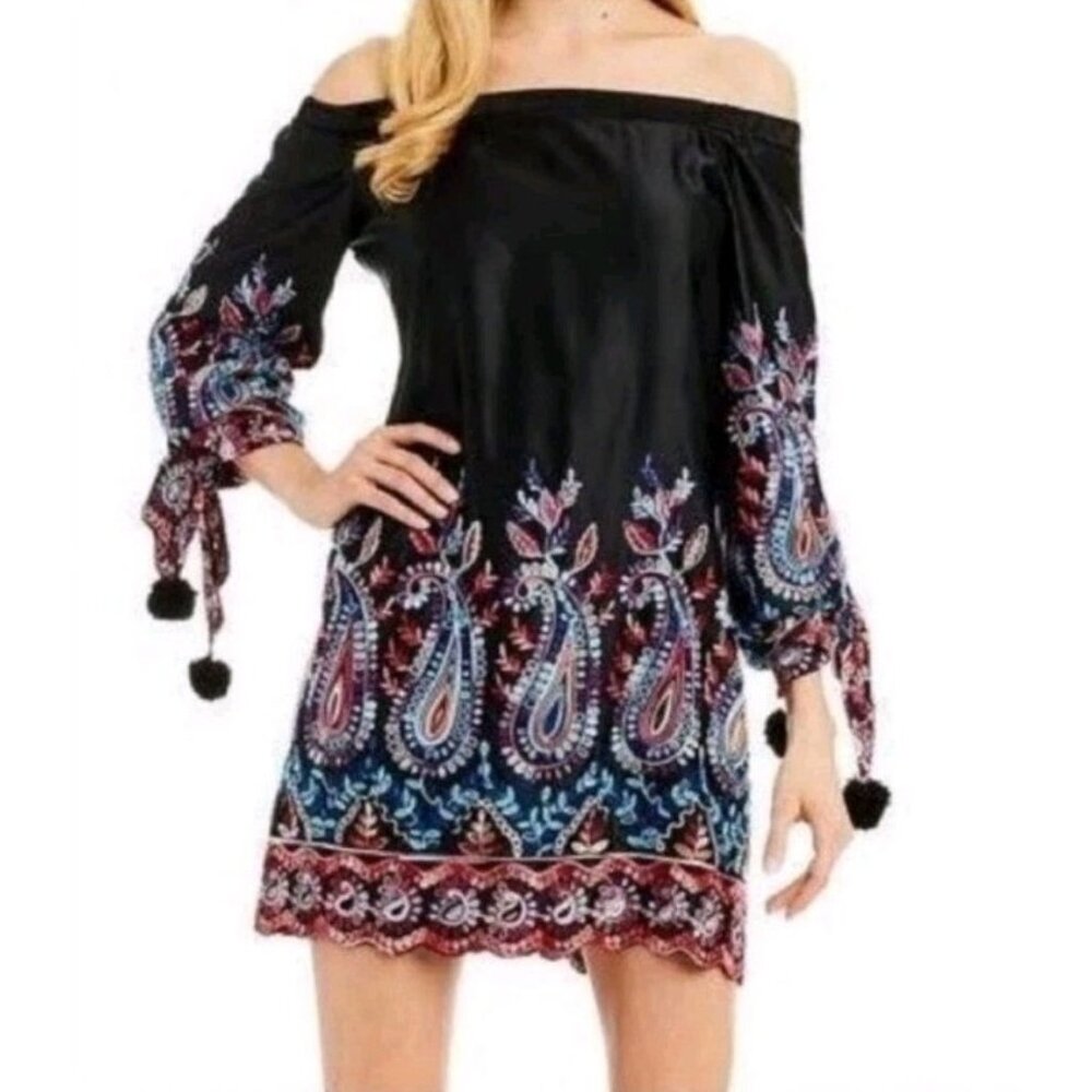 New Nicole Miller Black Multicolor Paisley Embroidered Off Shoulder Dress Sz 10
